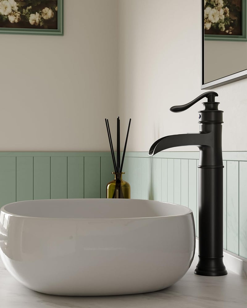 BWE Vessel Sink Faucet Waterfall Matte Black with Pop Up Drain Without Overflow and Supply Lines, Black Sink Faucet Bathroom One Handle Faucets Vanity Bath Mixer Tap - Image 2